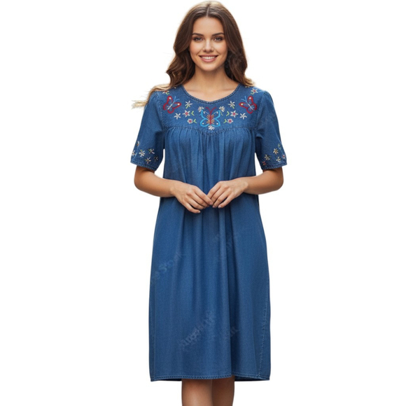 Loungees Dresses & Skirts - Loungees Vintage Midi Dress Womens S Blue Denim Cottagecore Embroidered Floral